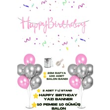 Baloncu Nene Happy Birthday Yazı Banner 2 Adet 7 Li Balon Standı 10 Adet Gümüş 10 Adet Penbe Balon Doğum Günü Süs