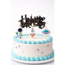 Baloncu Nene Uzay Temalı Mum Seti Happy Birthday Yazılı Pasta Üstü Astronot Roket Ufo Doğum Günü Süsü