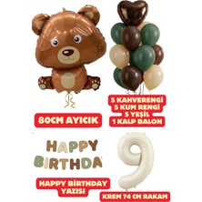 Baloncu Nene 9 Yaş Kahverengi Ayıcık Yeşil Happy Birthday Konsepti Kahve Yeşil Kum Balon Doğum Günü Set