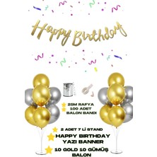 Baloncu Nene Happy Birthday Yazı Banner 2 Adet 7 Li Balon Standı 10 Adet Gümüş 10 Adet Gold Balon Doğum Günü Süs
