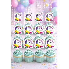 Baloncu Nene Unicorn Kek Kürdanı 16 Adet Gökkuşağı Unicorn Pasta Süsü Cupcake Topper Parti