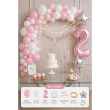 Baloncu Nene 2 Yaş Kız Çocuk Pastel Pembe Beyaz Doğum Günü Seti Pembe Rakam Balon ve LED