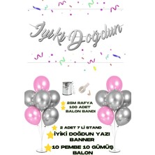 Baloncu Nene Iyiki Doğdun Yazılı Banner 2 Adet 7 Li Balon Standı 10 Adet Gümüş 10 Adet Pembe Balon Doğum Günü Set