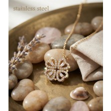 Stainless Steel 316L Çelik Zincir Gold Renk Açılan Kalp Zirkon Taşlı Yonca Model Kolye