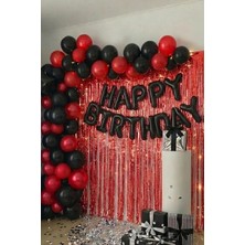 Baloncu Nene Siyah Happy Birthday Yazısı Kırmızı Püsküllü Perde Metalik Balon Zinciri Doğum Günü Süsleme Seti