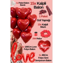 Baloncu Nene 15 Kırmızı Kalpli Balon Seti Love ve Seni Seviyorum Folyo Balon 15 Kalpli Mum Helyum Uyumlu Sevgili