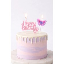 Baloncu Nene Kelebek Mum Seti Pembe Happy Birthday Yazılı Pasta Üstü Doğum Günü Süsü Parti Dekor Seti