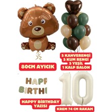 Baloncu Nene 10 Yaş Kahverengi Ayıcık Yeşil Happy Birthday Yazısı Balon Seti Kahve Yeşil Kum Balon Doğum Günü Set