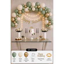 Baloncu Nene Yeşil Krem Gold Doğum Günü Süsleme Seti 30 Balonlu Happy Birthday Yazılı Pilli Ledli
