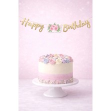 Baloncu Nene Ürün Başlığı Unicornlu ve Çiçek Detaylı Happy Birthday Kaligrafi Banner – Doğum Günü Parti Süslemesi