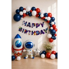 Baloncu Nene Uzay Astronot Doğum Günü Balon Seti Kırmızı Beyaz Lacivert Happy Birthday Banner Folyo