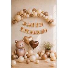 Baloncu Nene Ayıcık Temalı Doğum Günü Balon Seti Karamel Kahverengi Happy Birthday Banner Folyo