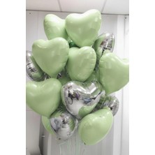 Baloncu Nene Yeşil ve Gümüş Kalpli Folyo Balon Helyum 10 Adet Kalp Sevgili Süpriz Süs Doğum Günü Evlilik Teklifi