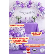 Baloncu Nene Mor Beyaz Kelebekli Doğum Günü Seti Gümüş Banner Metalik Balonlu Parti Süsü 42 Adet Mor Konsept Seti