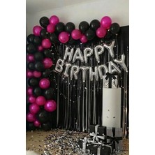 Baloncu Nene Gümüş Happy Birthday Yazısı Siyah Perde Fuşya Metalik Balon Zinciri Doğum Günü Süsleme Seti