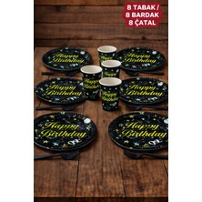 Baloncu Nene Happy Birthday Yazılı Siyah Karton Tabak Bardak Set Doğum Günü Özel Gün Kutlama Süs
