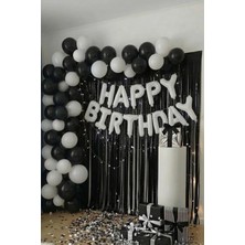Baloncu Nene Siyah Beyaz Balon Seti Beyaz Folyo Happy Birthday Yazı Siyah Duvar Perdesi Doğum Günü Süsleme Paketi