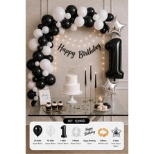Baloncu Nene 1 Yaş Siyah Beyaz Doğum Günü Süsleme Seti Rakam Balonlu Ledli Happy Birthday Parti Seti