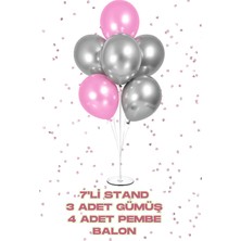 Baloncu Nene 70 cm 7 Li Balon Standı 4 Adet Pembe 3 Gümüş Parlak Balon Kutlama Doğum Günü Süs Malzemesi