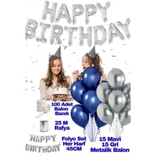 Baloncu Nene Happy Birthday Doğum Günü Seti Mavi Gri Balon Set Kadın Erkek Kız Çocuk Parti Süsleri