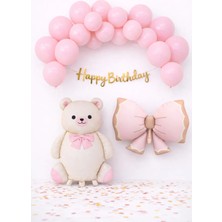 Baloncu Nene Ayıcıklı Doğum Günü Balon Seti Gold Banner Pembe Fiyonk Folyo Balon Parti Süsleme Seti
