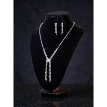 Valmont Accessories  Akarsu Mordel Zirkon Taşlı Gümüş Kolye ve Küpe Seti - Düğün, Kına, Nişan Gelin Takı Seti