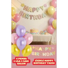 Baloncu Nene Renkli Çiçekli Happy Birthday Yazısı Balon Seti Sarı Lila Pembe Balon Doğum Günü Parti Süsleri