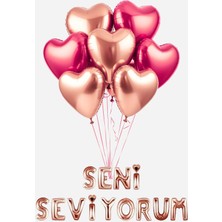 Baloncu Nene Kalp Desenli 7 Adet Kırmızı Gül Kurusu Helyum Uyumlu Folyo 1 Adet Seni Seviyorum Balon Sevgililer