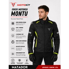 Motokit Crazybull Matador Neon Sarı Erkek 4 Mevsim 3 Katmanlı Korumalı Reflektörlü Motosiklet Montu