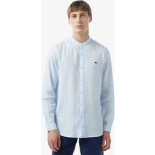 Lacoste Men's Regular Fit Button-Down Collar Linen Shirt Erkek Düğmeli Hakim Yaka Keten Gömlek Mavi
