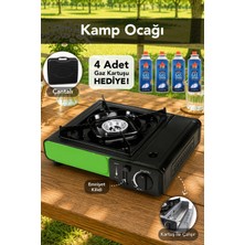 Fischer Kamp Ocağı - Stop Emniyetli Taşıma Çantalı Yeşil Tekli Ocak 4 Adet Gaz Kartuşu Hediye