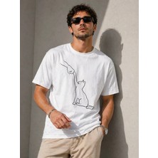 Erkek Minimal Kedi Çizim Baskılı Tişört Kısa Kol Yazlık T-Shirt - Beyaz