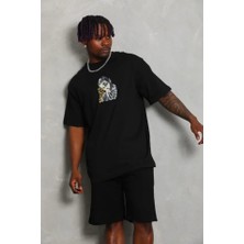 Erkek Baskılı T-Shirt Kısa Kol Bisiklet Yaka Regular Fit Rahat Kalıp Günlük Tişört - Siyah