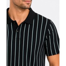 Erkek Pike Kumaş Çizgili Polo Yaka Tişört Kısa Kol Yazlık T-Shirt - Siyah