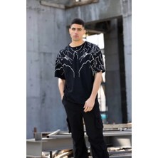 Unisex Bisiklet Yaka Baskılı Oversize T-Shirt - Siyah