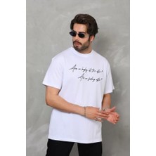 Unisex Bisiklet Yaka Baskılı Oversize T-Shirt - Beyaz