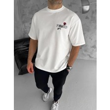 Unisex Bisiklet Yaka Baskılı Oversize T-Shirt - Beyaz