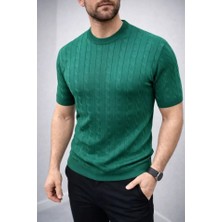 Erkek Yazlık Triko Dokuma Tişört Kısa Kol Bisiklet Yaka Örgü Desenli T-Shirt - Haki