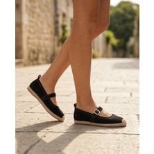 Futsi Shoes Coral Siyah Hakiki Deri Toka Detaylı Kadın Espadril Ayakkabı