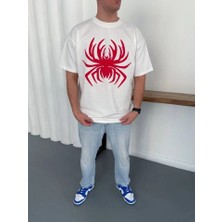 Erkek Örümcek Baskılı Tişört Kısa Kollu Bisiklet Yaka T-Shirt - Beyaz