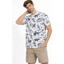 Erkek Beyaz Dinozor Desenli Tişört - Regular Fit, Bisiklet Yaka, Dijital Baskılı Pamuklu T-Shirt - Beyaz