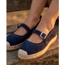 Futsi Shoes Coral Lacivert Hakiki Deri Toka Detaylı Kadın Espadril Ayakkabı