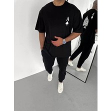 Unisex Bisiklet Yaka Baskılı Oversize T-Shirt - Siyah