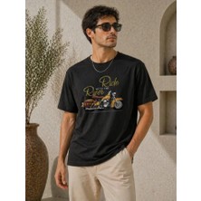 Erkek Motosiklet Baskılı Tişört Bisiklet Yaka Kısa Kol Yazlık T-Shirt - Siyah