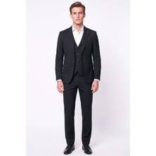 Efor Slim Fit Mono Yaka  Esnek Yünlü Yelekli Siyah Takım Elbise Tk 950