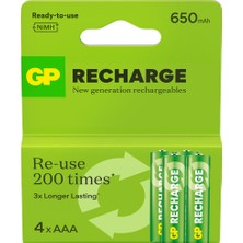 Gp Batteries Recharge 650 Aaa Ince Kalem Ni-Mh Şarjlı Pil, 1.2 Volt, 4’lü Kart Ekonomik Seri