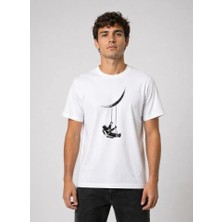 Erkek Astronot Ay Temalı Tişört Kısa Kol Yazlık Bisiklet Yaka T-Shirt - Beyaz