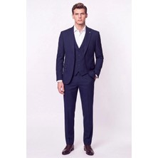Efor Slim Fit Mono Yaka  Esnek Yünlü Yelekli Lacivert Takım Elbise Tk 950
