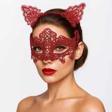 Uravas Store Mey Ithalat® Romantik Kırmızı Dantel Maske Seti – Kedi Kulaklı Taç ve Maske 3 No