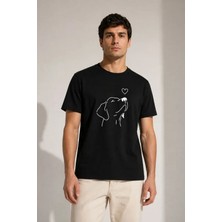 Erkek Köpek Figürlü Minimal Baskılı Tişört Kısa Kol Yazlık T-Shirt - Siyah